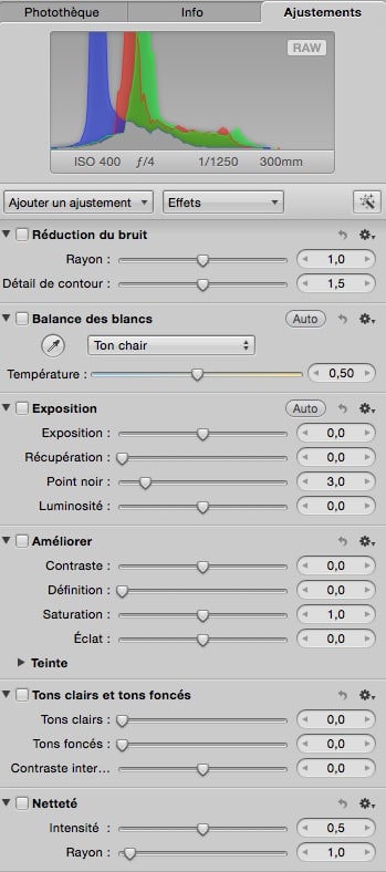 Voici les ajustements que j'utilise le plus sous Aperture (il y en a plein d'autres !)